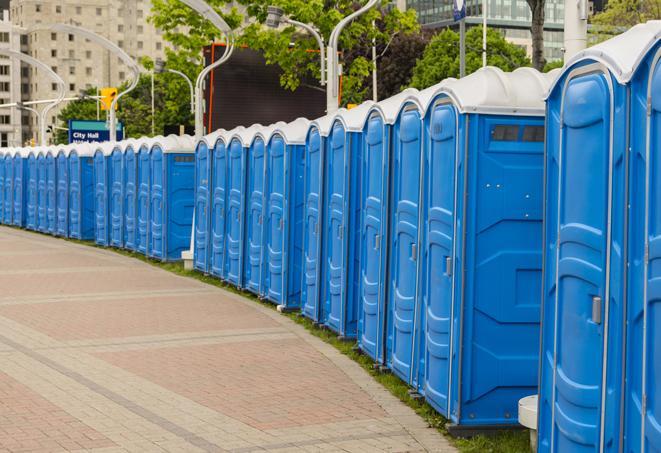 a fleet of portable restrooms ready for use at a large outdoor wedding or celebration in Bloomington